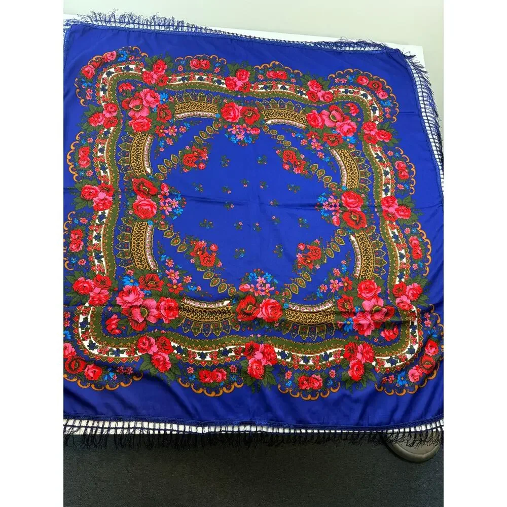 Blue Floral Fringe Tablecloth Tapestry Square 44 x 44